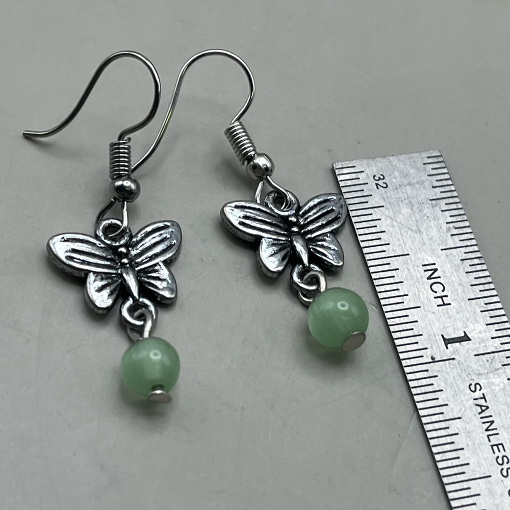 Butterfly Charm Silver and Green Earrings-Nature Inspired - Picture 2 of 3